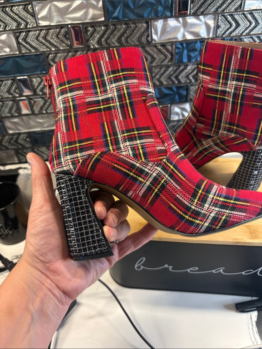 Betsey Johnson Red Plaid Stretch Ankle Booties - Picture 5 of 12